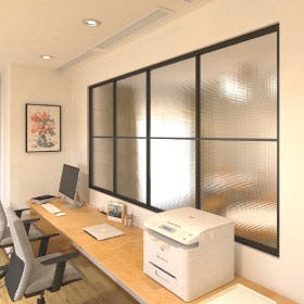 オフィスの休憩室用ガラス - フレームが選べる室内窓／②アイアン窓／ワークスペースに①