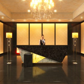 旅館のロビーの装飾に「切子風ガラス」を使用した事例