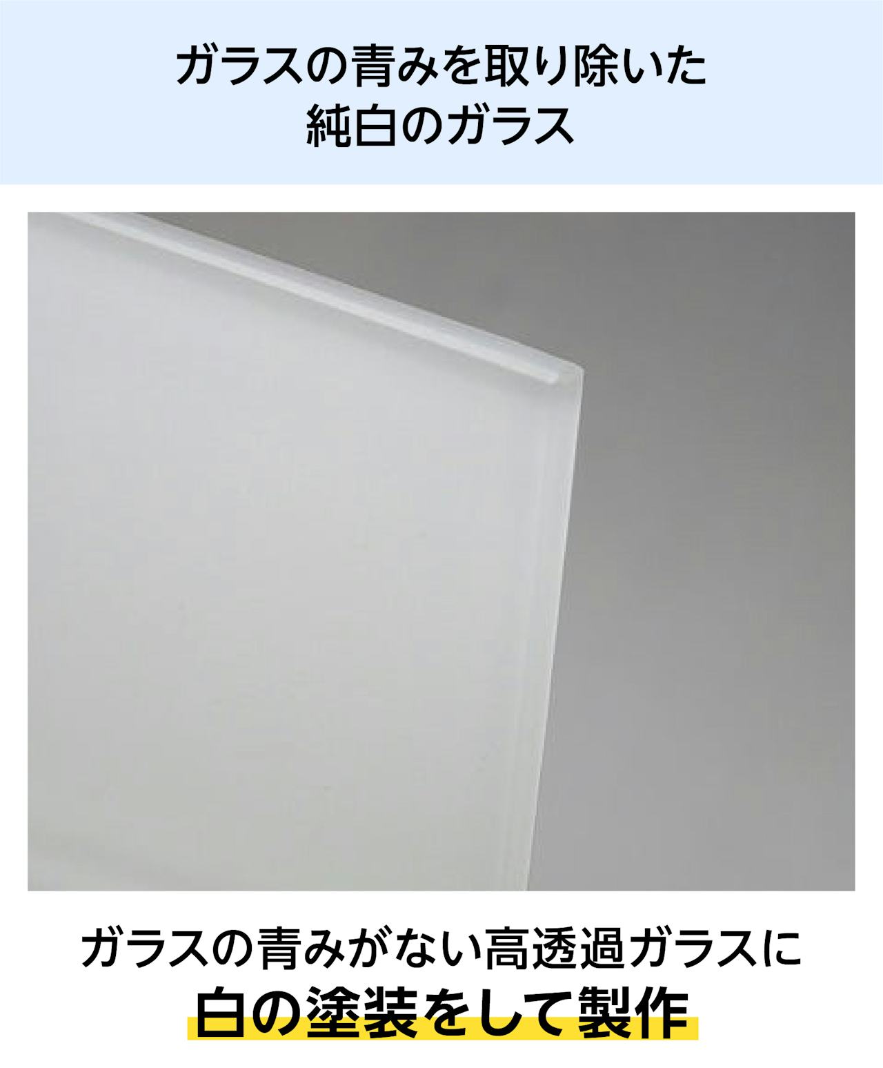 化粧品売り場の壁面装飾やテーブル天板に多く採用されている「ホワイトガラス」は、青みがなく純白のガラス