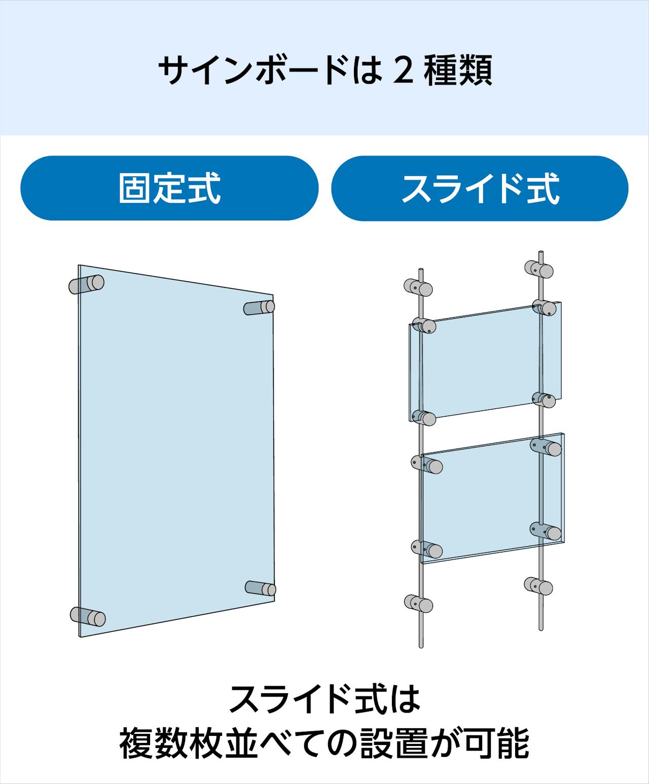 ジュエリーショップにぴったりのガラス看板「サインボード」は、固定式とスライド式の2種類