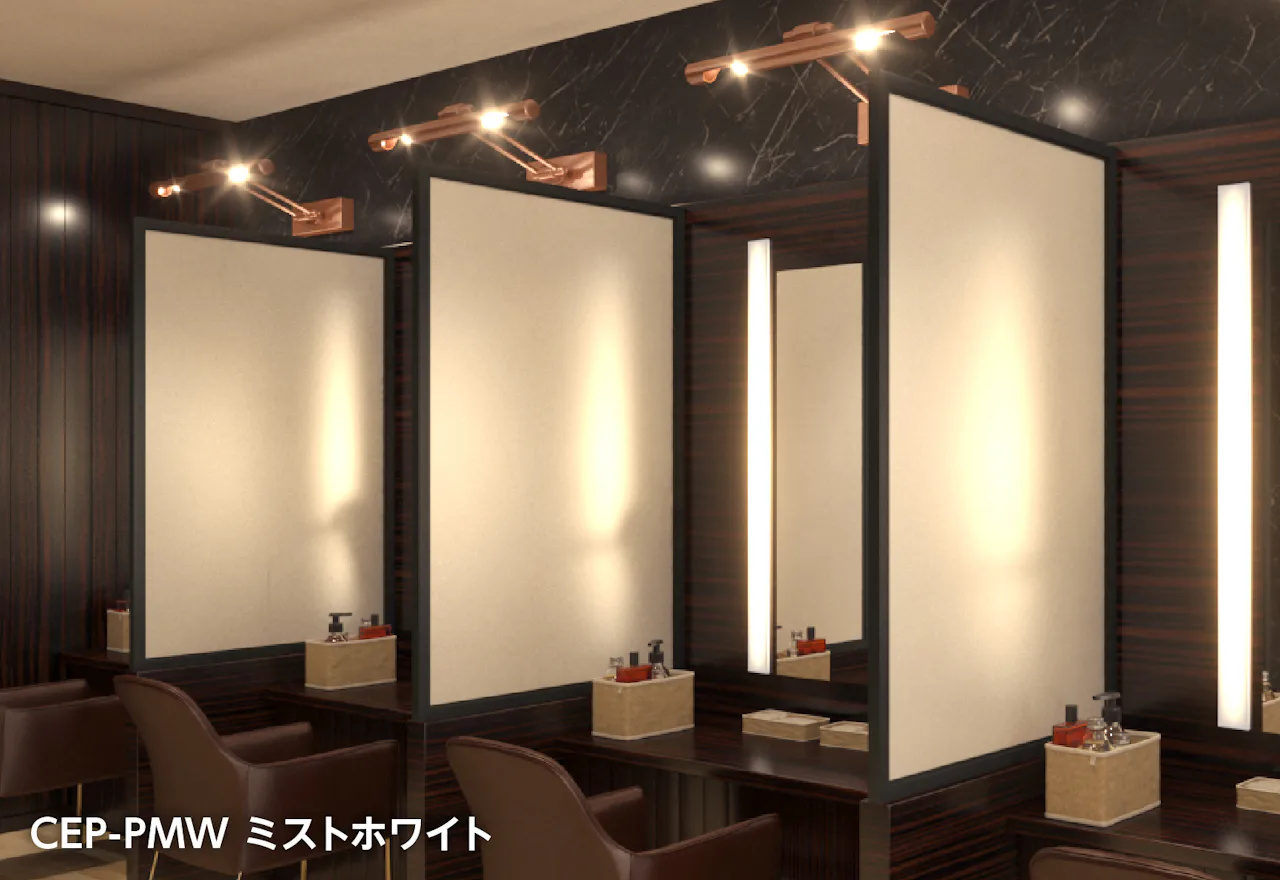 セラミックプリントガラスの施工事例：パウダールームの仕切りに