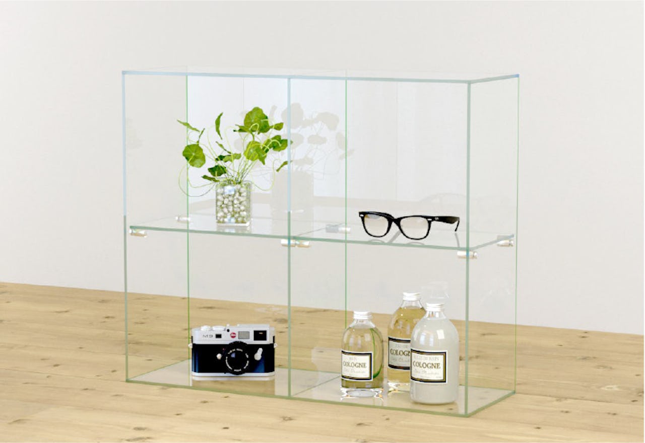 家具の飾り棚に「強化ガラス：棚受けダボセット(ガラス地用)」を使用した事例