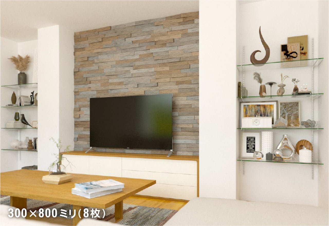 リビングの飾り棚として強化ガラスのスリット棚を壁付けした事例