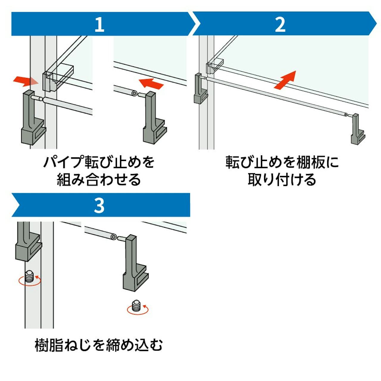 ガラス棚付きパイプシェルフ - 転び止めの設置方法