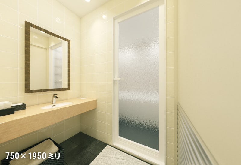 交換用浴室ガラスドア - 使用事例：ホテルの浴室のドアに