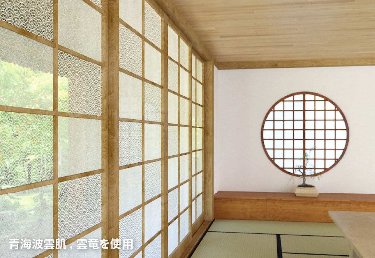 和室のガラス障子に和柄模様の「デザインフィルムガラス 青海波海肌・雲竜」を使用した事例