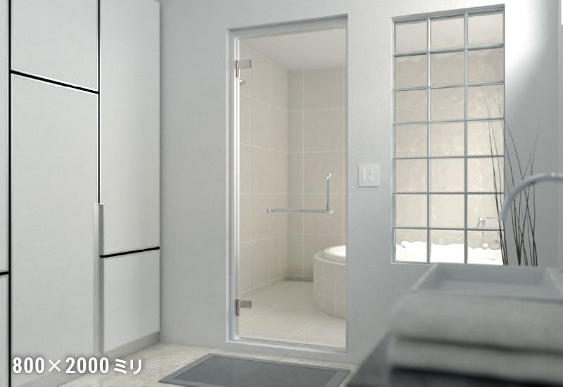 浴室強化ガラスドア　框なし - 使用事例：新築の浴室のドアに