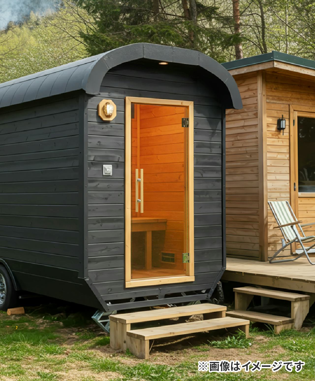 サウナトレーラーにガラスドア(ガラス扉)を採用した事例(1)