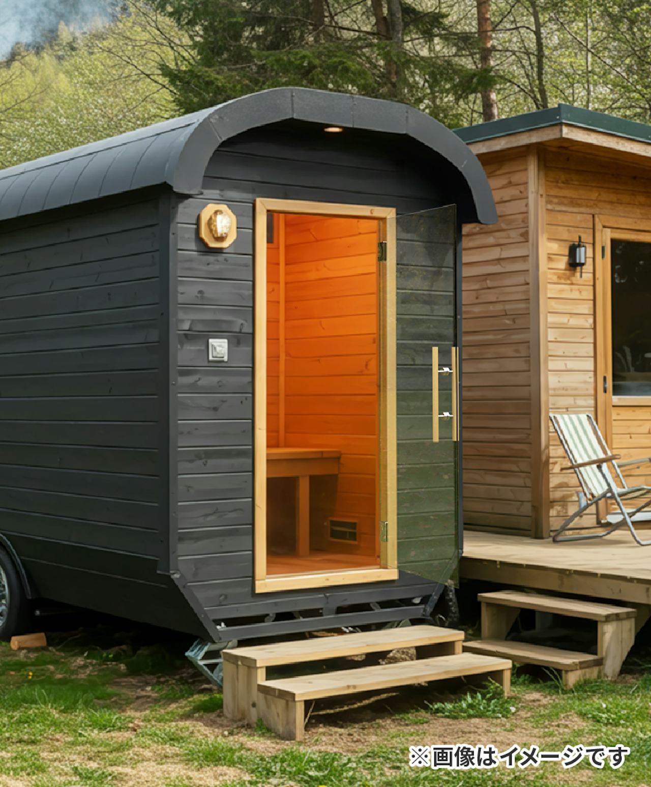 サウナトレーラーにガラスドア(ガラス扉)を採用した事例(2)