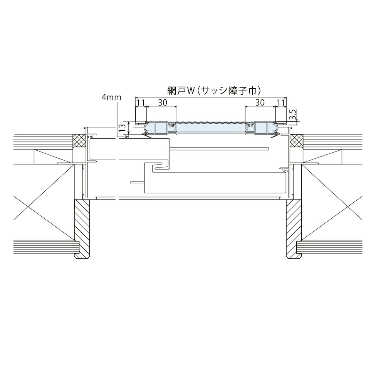 フリーサイズ網戸(オーダー網戸)の横断面納まり図
