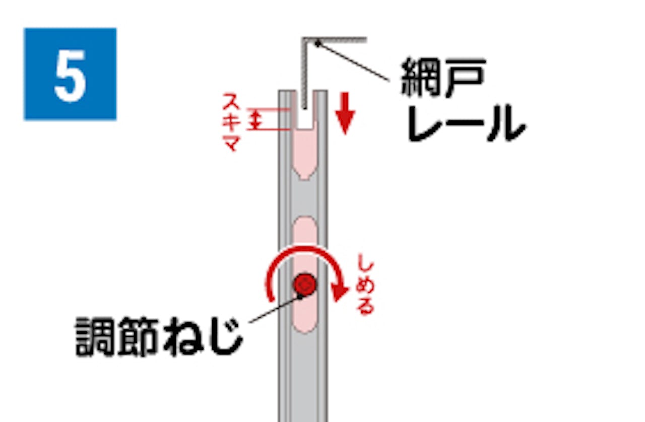 フリーサイズ網戸の取り付け方⑤網戸上部とレールとの隙間を調節する