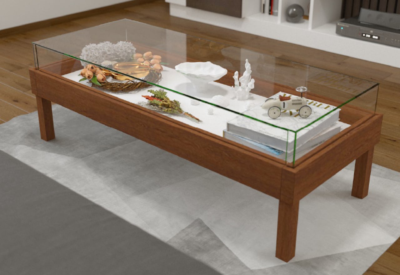 コーヒーテーブルに、「オーダーメイドできるガラスショーケース」を使用した事例