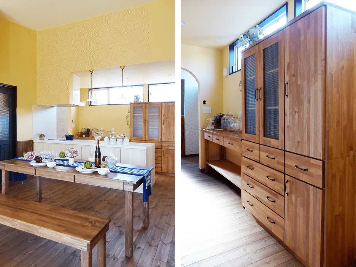 食器棚 チェッカーガラス アンティーク ウォールナット調