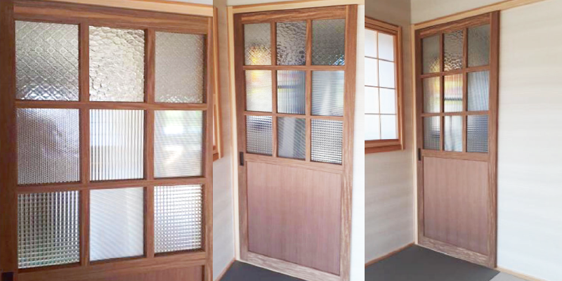 組み合わせて個性的な建具に！デザインガラス7種を使用してオシャレなドア窓を製作した事例(熊本県H様)