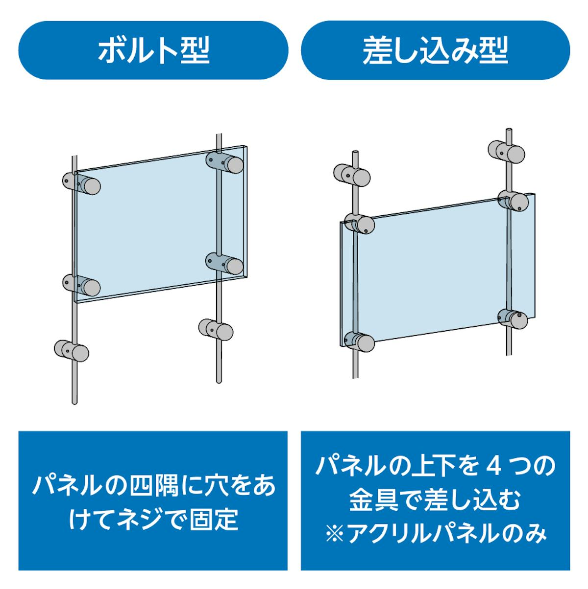 スライド式ガラス看板のパネルの固定は、ボルト型と差し込み型の2種類