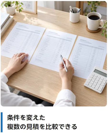 条件を変えた複数の見積を比較できる（条件を変えた複数のお見積書を見比べている様子）