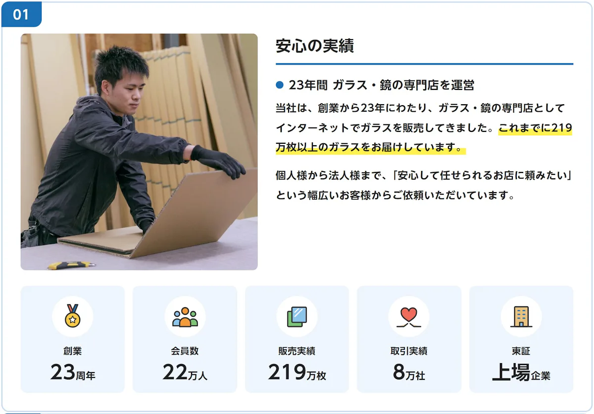 選ばれる理由01 安心の実績。創業23年・会員数22万人・販売実績219万枚・取引実績8万社・東証上場企業