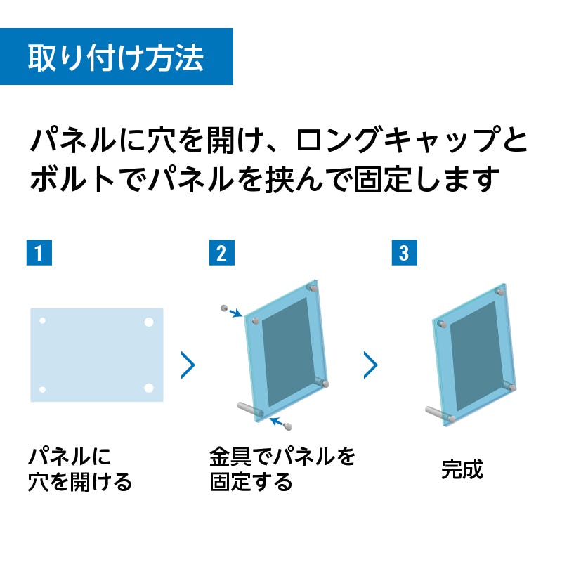 パネルに穴を開け、ロングキャップとボルトでパネルを挟んで固定します
