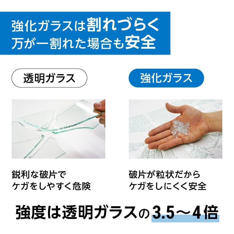 強化ガラスは割れづらく、万が一割れた場合も安全