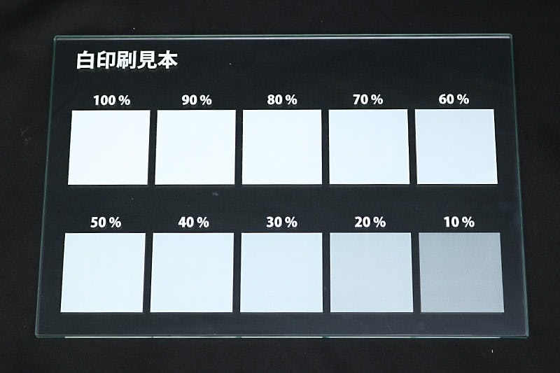 ガラスの白色印刷 - 白色の透過率0～100% (背景が暗いとき)