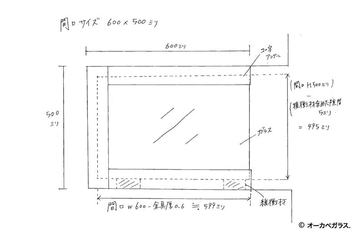 コの字アングルを用いたガラスの寸法図