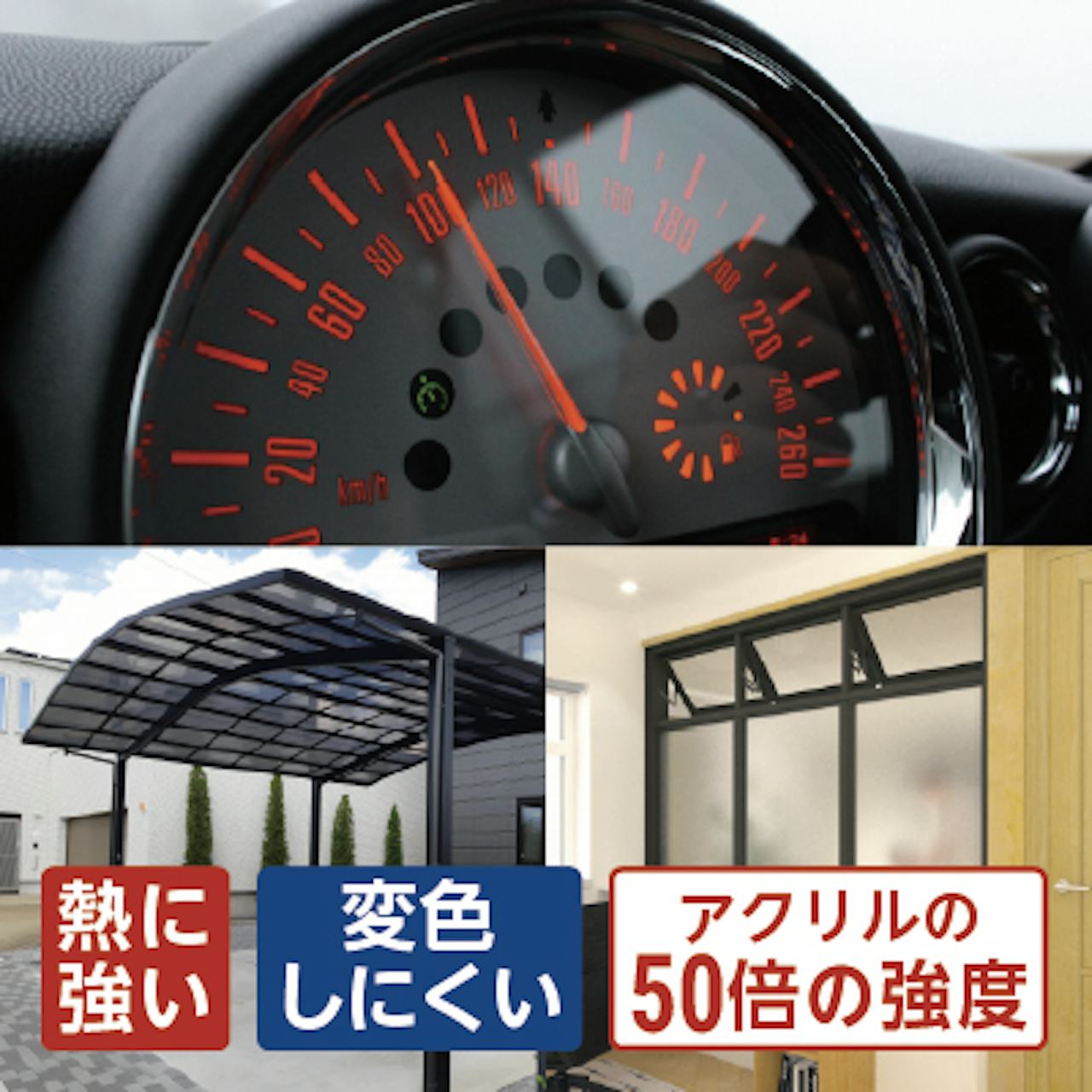 ポリカーボネート平板／熱に強い／偏食しにくい／アクリルの50倍の強度