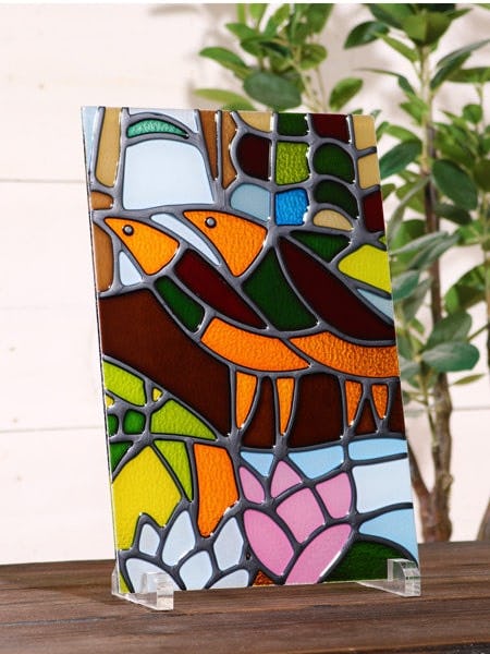 mosaik verglasung/ステンドグラス/インヤン/16cm/ドイツ製 2枚あり！水玉模様のガラスに赤とオレンジの花のステンドグラス