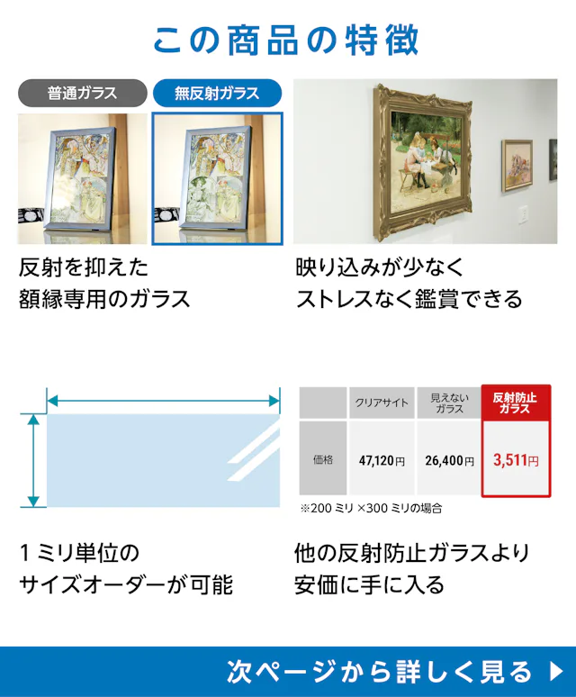 無反射ガラス(シルクサイト)の特徴①反射を抑えた額縁専用ガラス、②映り込みが少なく鑑賞しやすい、③1ミリ単位のサイズオーダー可能、④他の反射ガラスより低価格