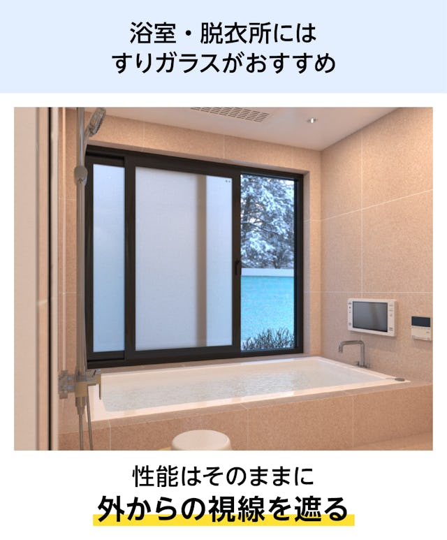 真空ガラス「クリアFit」 - 浴室・脱衣所にはすりガラスが最適／効果・性能はそのまま外からの視線を遮る