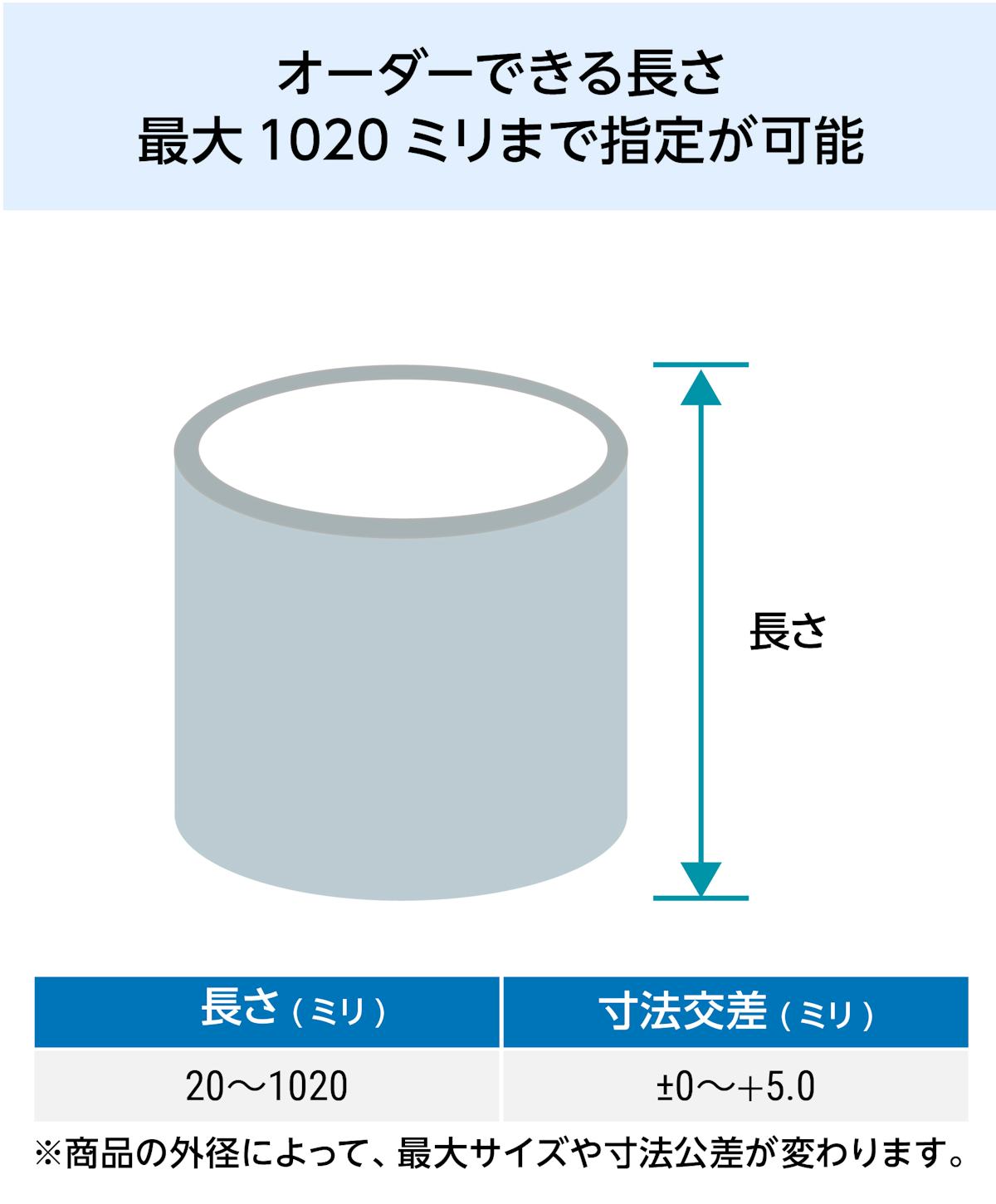 アクリルパイプ／オーダーできる長さ最大1020ミリまで指定が可能／長さ(ミリ)20〜1020/寸法交差(ミリ)±0〜±5.0