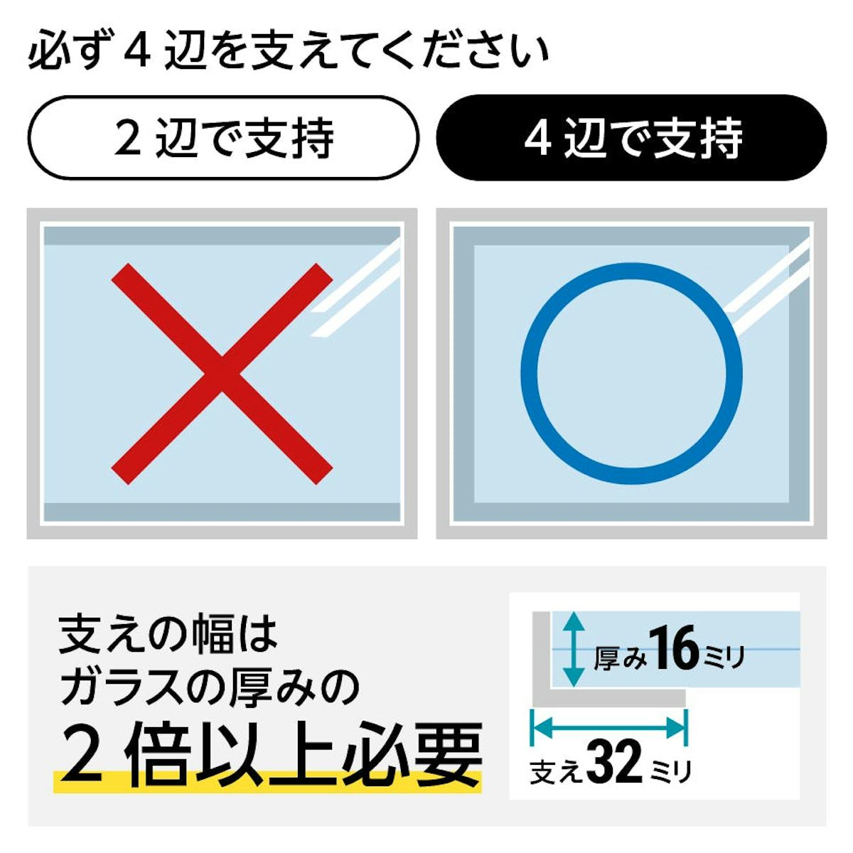 床用ガラス - 床用ガラスの支え方／2辺で支持✕　4辺で支持◎／支え幅はガラスの厚みの2倍以上必要
