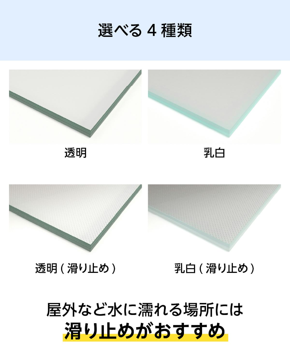 床用ガラス - 選択可能な4種類／屋外などの水に濡れる場所は滑り止めが最適