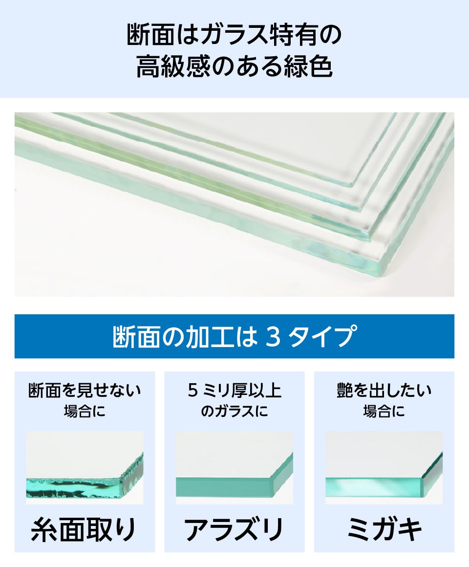 フロートガラス(単板透明ガラス) - 断面はガラス特有の高級感ある緑色／断面の加工は3タイプ／①糸面取り　②アラズリ　③ミガキ