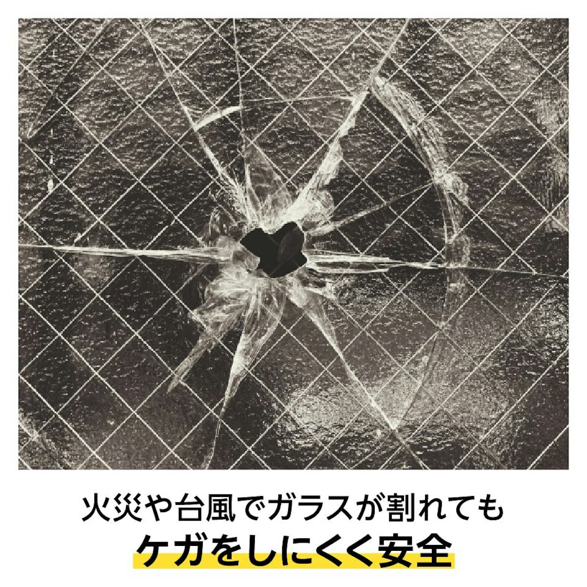 網入りガラス - 網が破片の飛散を防ぐ／火災や台風でガラスが割れても安全