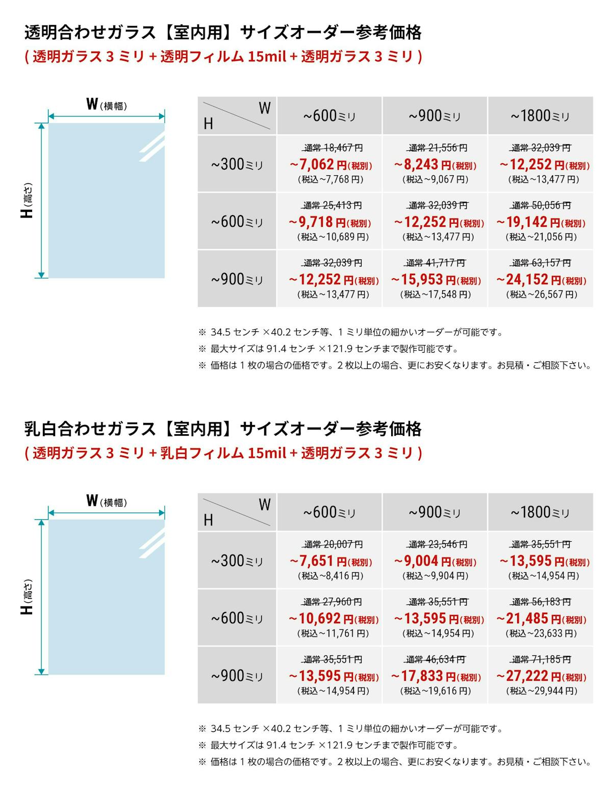 合わせガラス - オーダーサイズ価格表