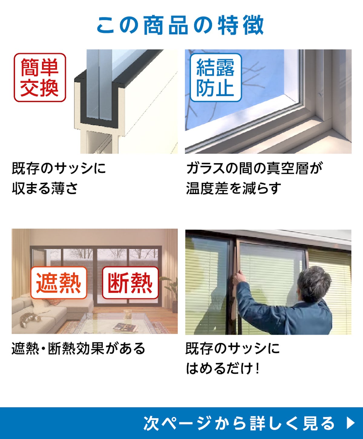 真空ガラス(スペーシア・クリアFit) - 商品特徴:①既存サッシに収まる ②空気層が温度差を減らす ③遮熱・断熱効果◎ ④簡単施工