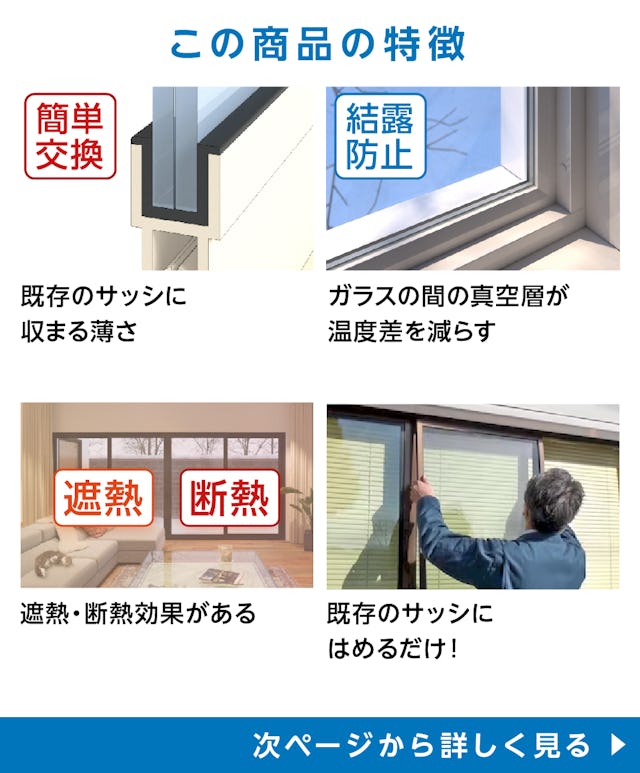 真空ガラス(スペーシア・クリアFit) - 商品特徴:①既存サッシに収まる ②空気層が温度差を減らす ③遮熱・断熱効果◎ ④簡単施工