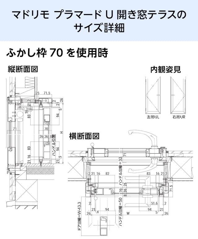 YKK APの内窓「マドリモ プラマードU」開き窓テラス - 納まり図