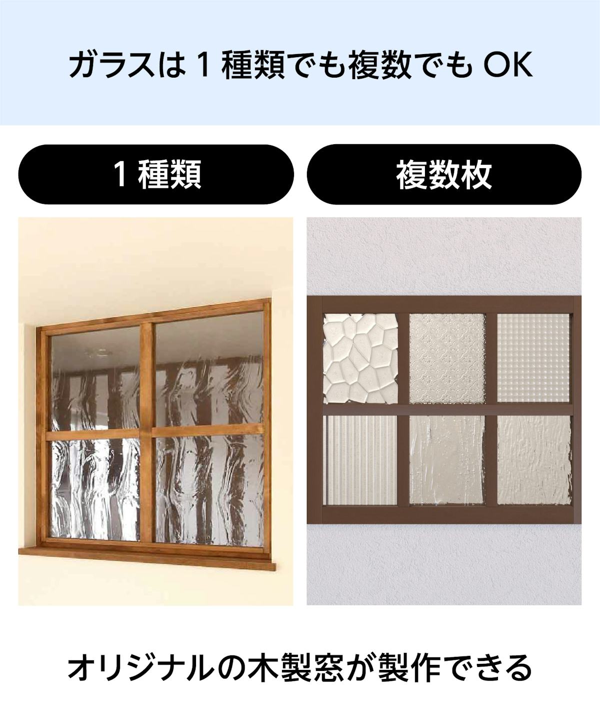 木枠選択ガラスシステム - ガラスは1種類でも複数でも◎／オリジナルの木製窓が製作可能