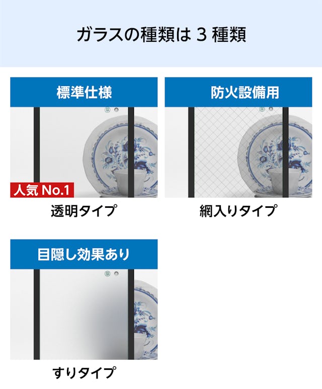 結露防止ガラス プレミアム (スペーシア) - ガラスの種類は3種類/①透明タイプ ②網入りタイプ ③すりタイプ