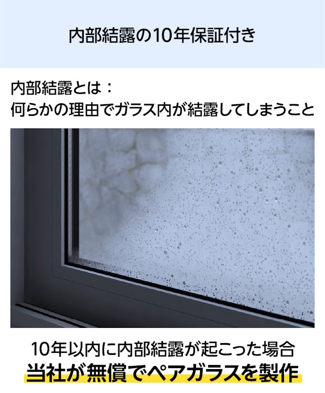 「結露防止ガラス プレミアム」の窓に内部結露が起きた場合に備えた保証がある