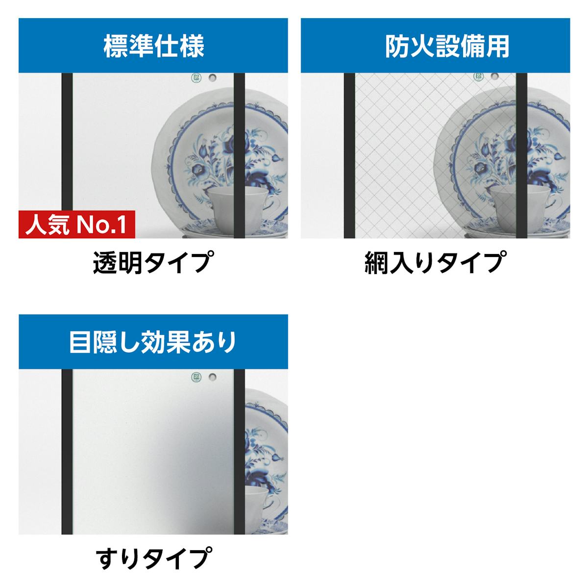 結露防止ガラス プレミアム (スペーシア) - ガラスの種類は3種類/①透明タイプ ②網入りタイプ ③すりタイプ