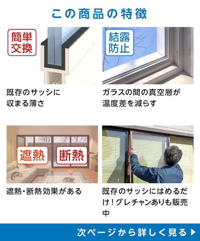 結露防止ガラス プレミアム (スペーシア) - 商品特徴①既存サッシに収まる ②空気層が温度差を減らす ③遮熱・断熱効果がある ④既存のサッシにはめるだけで◎グレチャンありも販売中