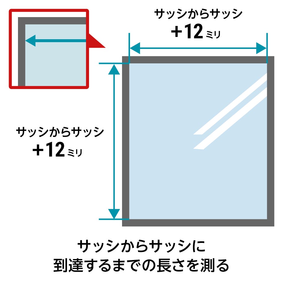 防犯ペアガラス(複層ガラス) - ガラスサイズの測り方／サッシからサッシの到達するまでの長さ