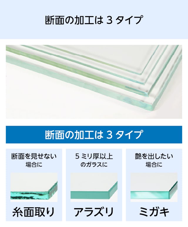 色ガラス (熱線吸収ガラス) - 断面の加工は3タイプ
