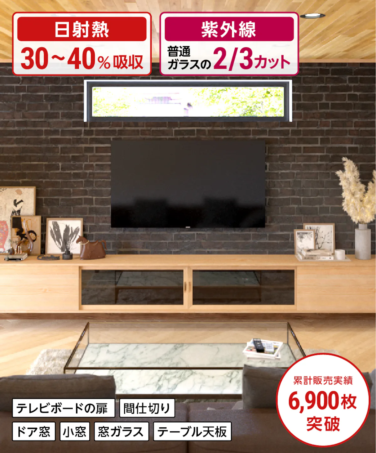 日射熱30～40％を吸収して直射日光を和らげる色ガラス(熱線吸収ガラス)／紫外線を2/3カット／テレビボードの扉、間仕切り、ドア窓、テーブル天板におすすめ