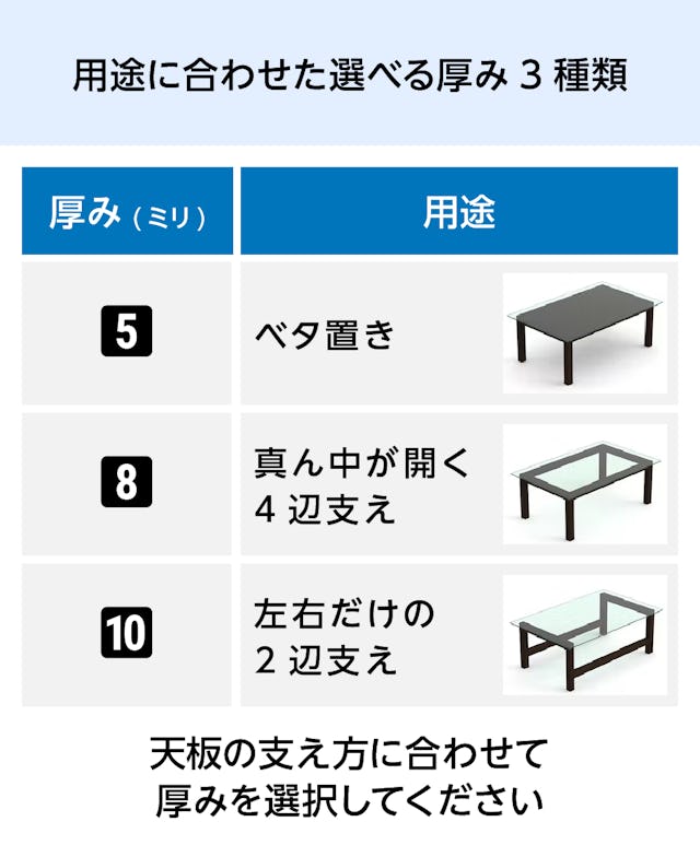 テーブル天板用強化ガラス(クリア) - 用途に合わせた選択可能な厚み3種類