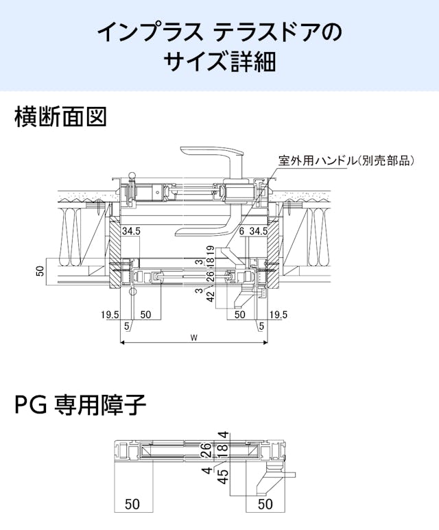 LIXILの内窓「インプラス」テラスドア - 納まり図(横断面図)