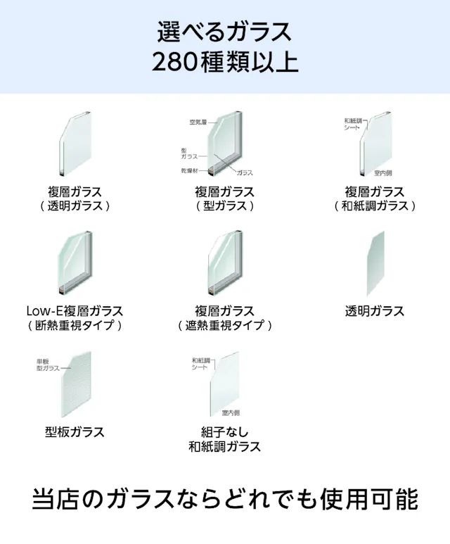 当社が扱う280種類以上のガラスから選んで内窓「インプラス 引き違い窓 for Renovation(4枚建て)」を施工できる