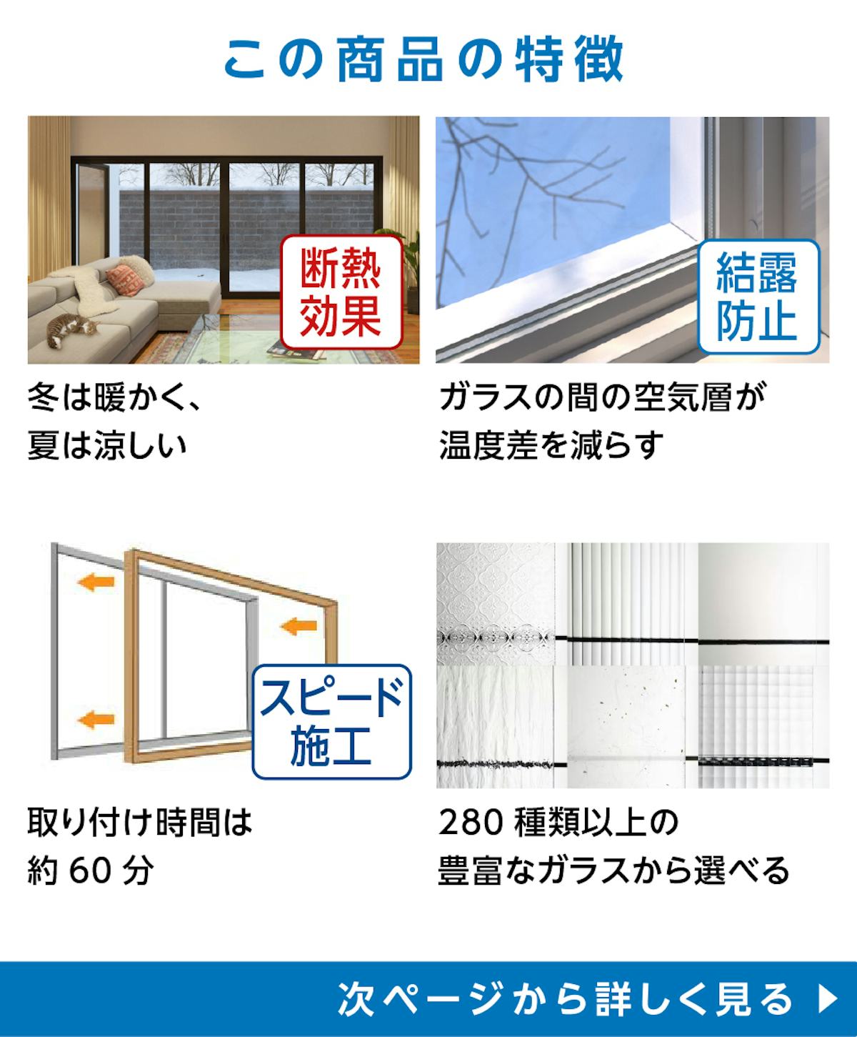 「インプラス 浴室仕様(ユニットバス納まり) 引違い窓 2枚建」の特徴 - 冬は暖かく夏は涼しい／空気層が温度差を減らす／スピード施工／選べるガラス280種類